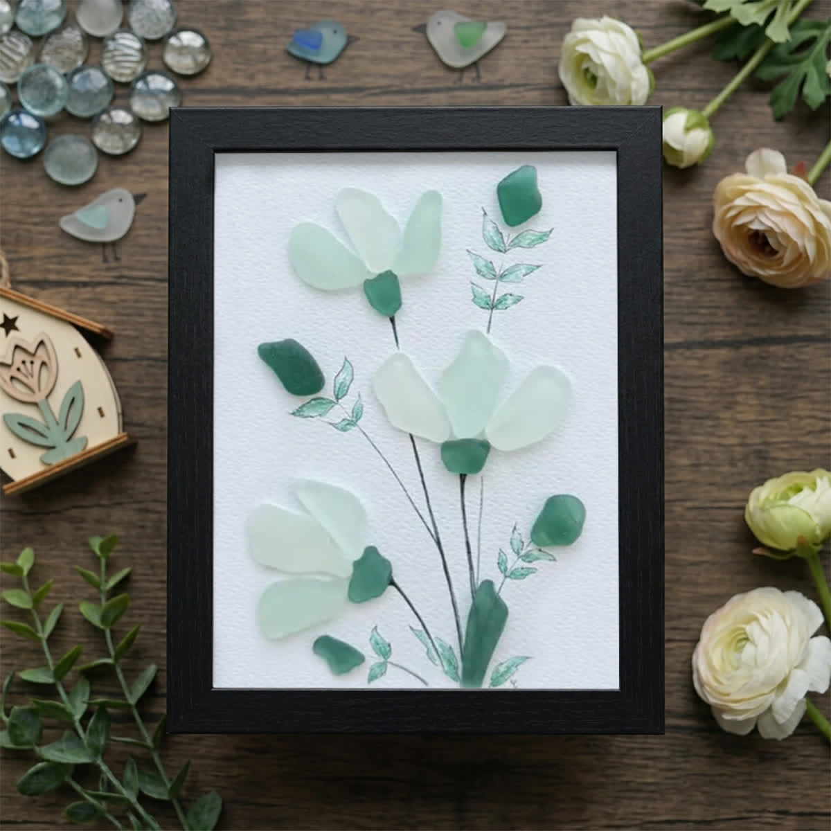 Whispering Blooms Sea Glass Framed Art - Black - 6" X 8" - image 10