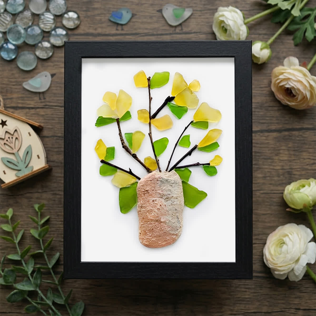 Yellow Flowers Blooms Sea Glass Framed Art - Black - 6" X 8" - image 13
