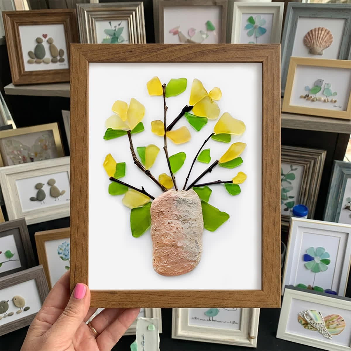 Yellow Flowers Blooms Sea Glass Framed Art - Walnut Brown - 6" X 8" - image 15