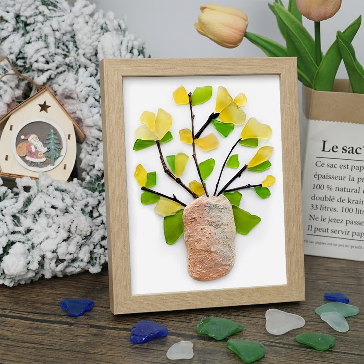 Yellow Flowers Blooms Sea Glass Framed Art - Oak - 6" X 8" - image 16