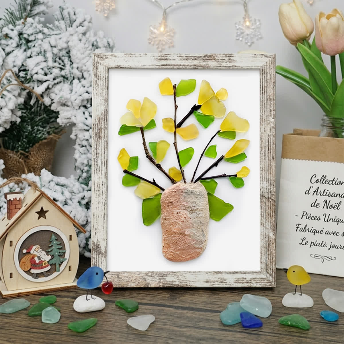 Yellow Flowers Blooms Sea Glass Framed Art - Retro White - 6" X 8" - image 17
