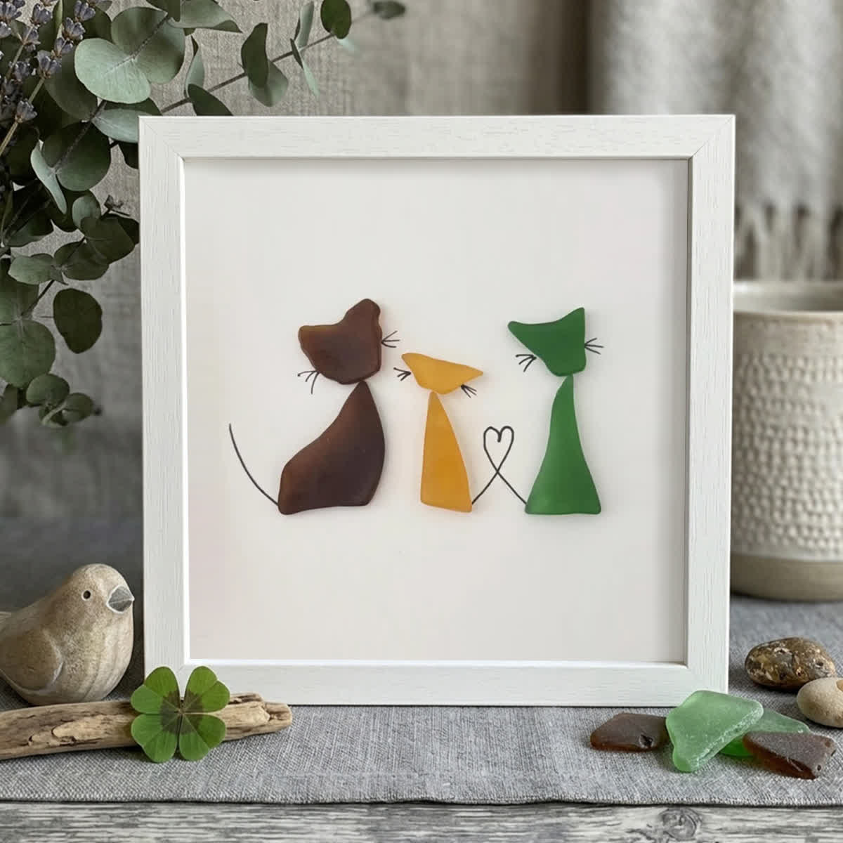 Three Cute Cats Special Companions Sea Glass Framed Art - White - 8" X 8" - image 12