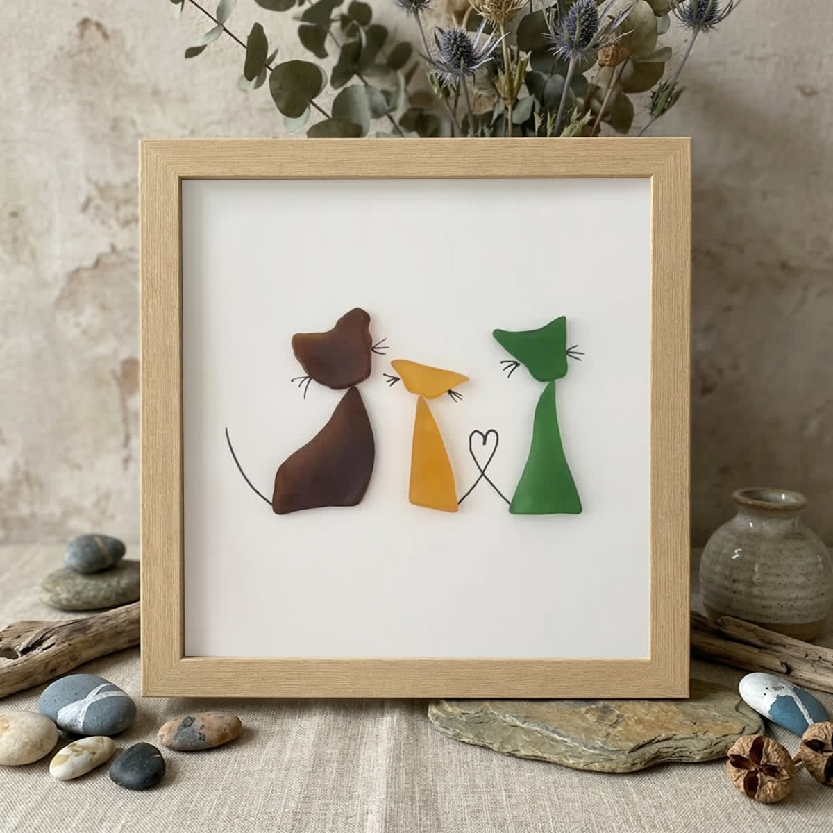 Three Cute Cats Special Companions Sea Glass Framed Art - Oak - 8" X 8" - image 10