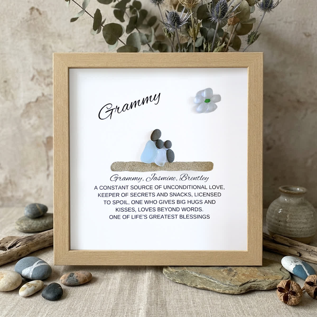 Grandchild & Grammy Custom Name Sea Glass Framed Art - Oak - 8" X 8" - image 7