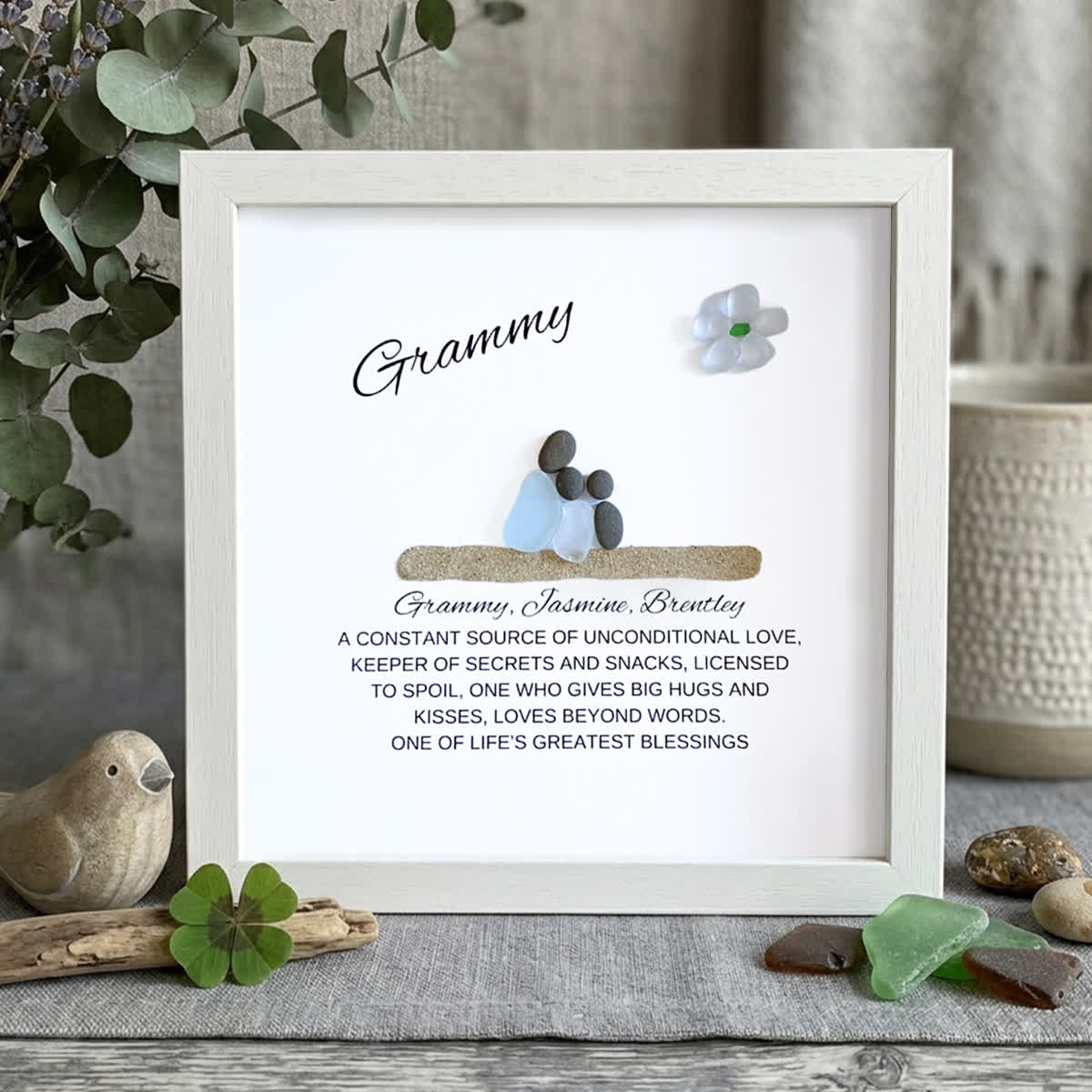 Grandchild & Grammy Custom Name Sea Glass Framed Art - White - 8" X 8" - image 9