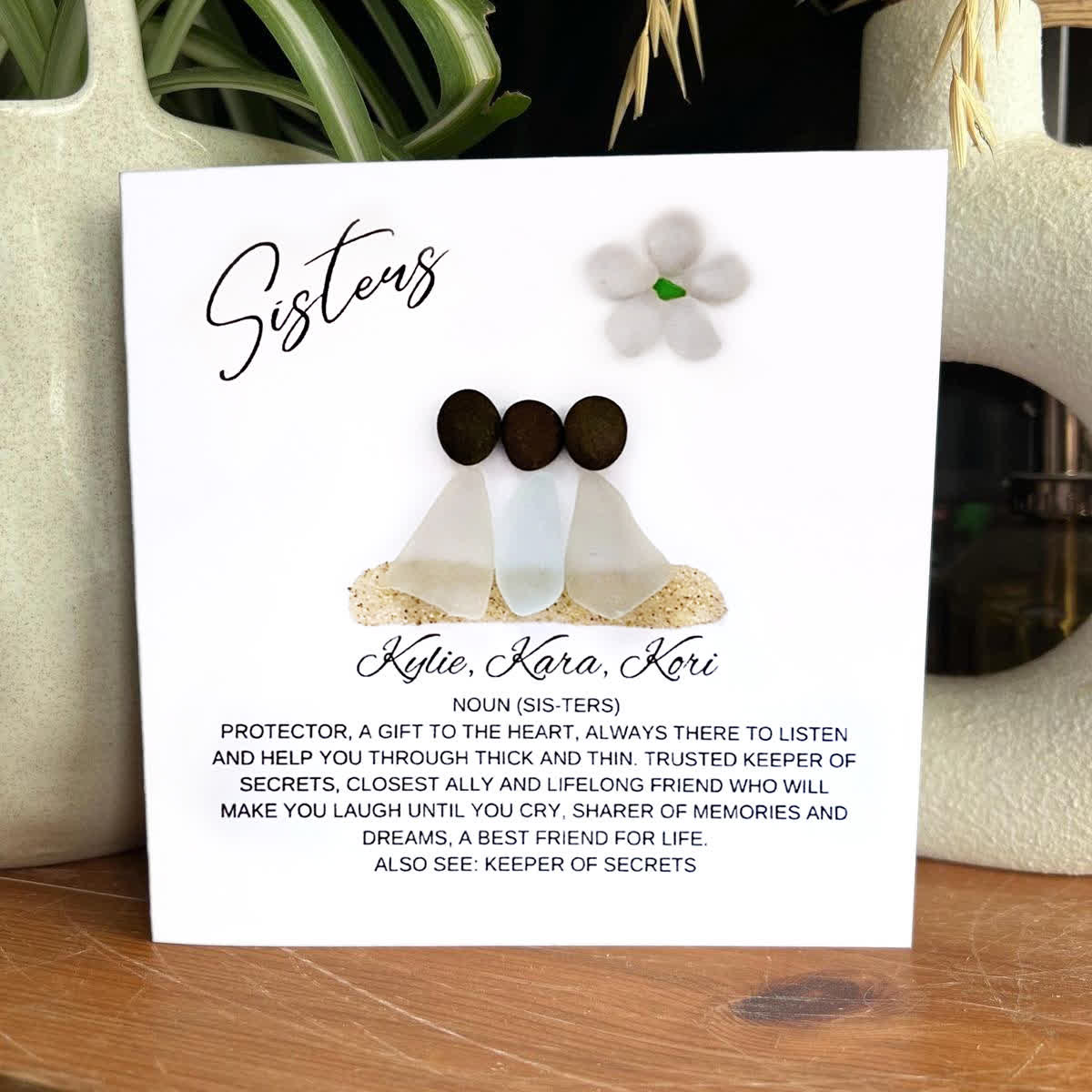 Three Sisters Scene Custom Name Sea Glass Framed Art - Seaglass Card - 8" X 8" - image 1