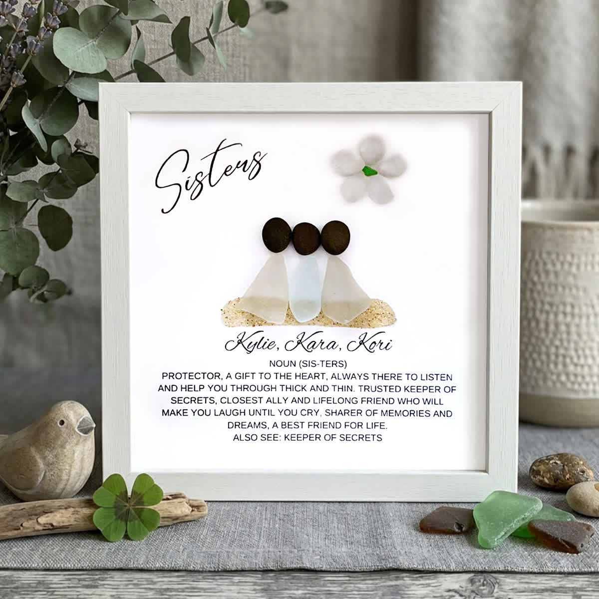 Three Sisters Scene Custom Name Sea Glass Framed Art - White - 8" X 8" - image 10