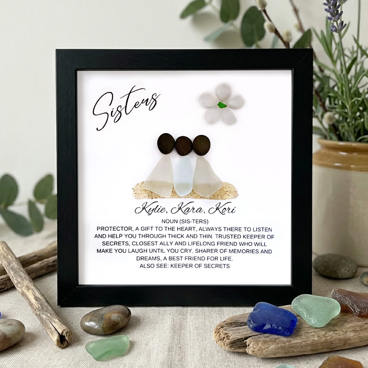 Three Sisters Scene Custom Name Sea Glass Framed Art - Black - 8" X 8" - image 9