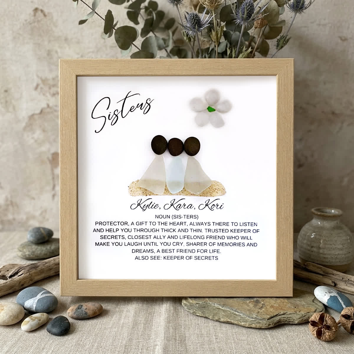 Three Sisters Scene Custom Name Sea Glass Framed Art - Oak - 8" X 8" - image 8