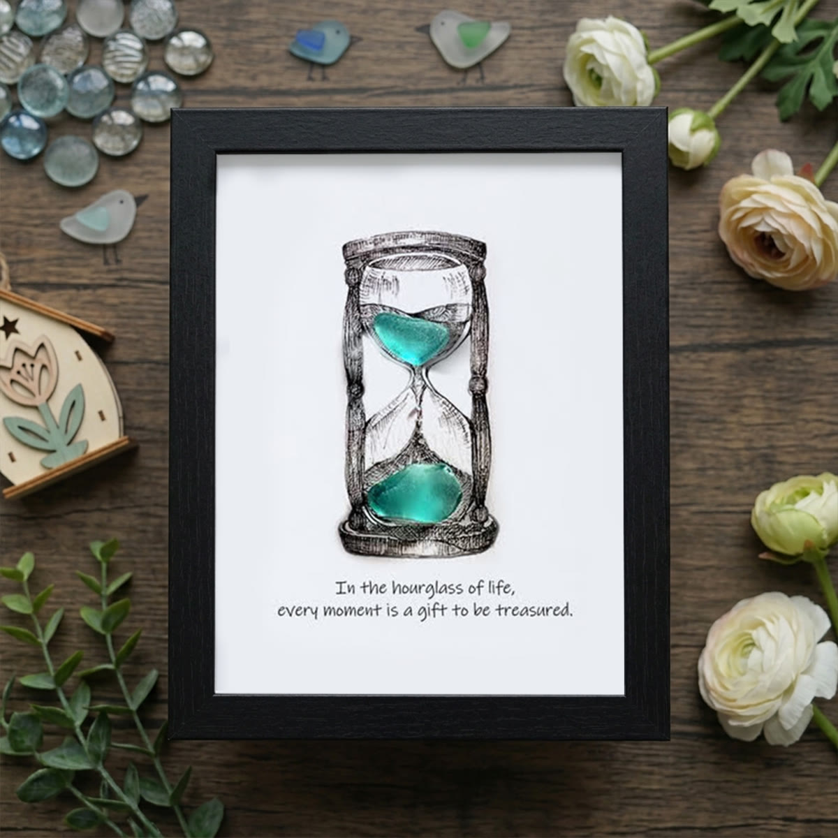Life's Filled Hourglass Quote Sea Glass Framed Art - Black - 8" X 6" - image 10