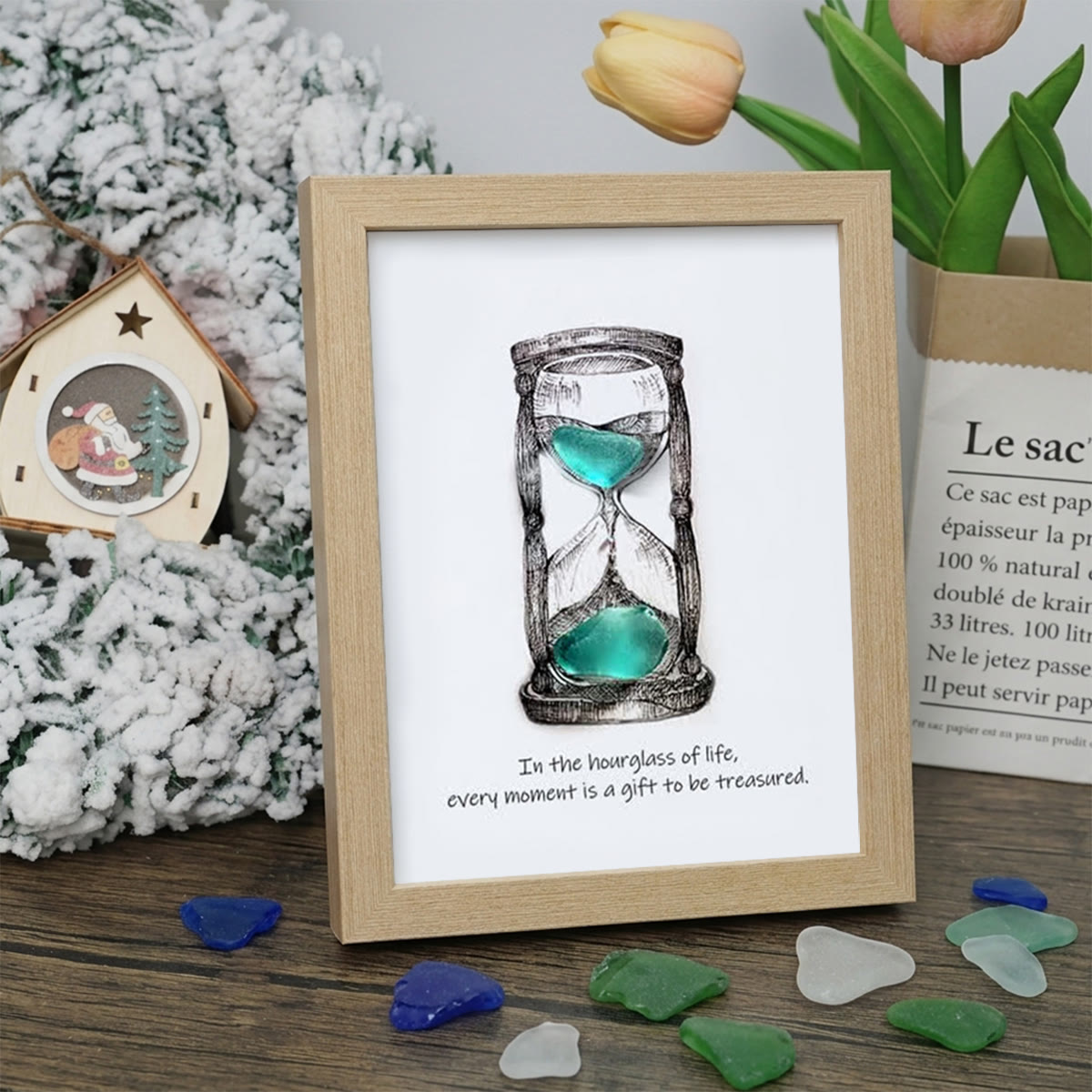 Life's Filled Hourglass Quote Sea Glass Framed Art - Oak - 8" X 6" - image 8