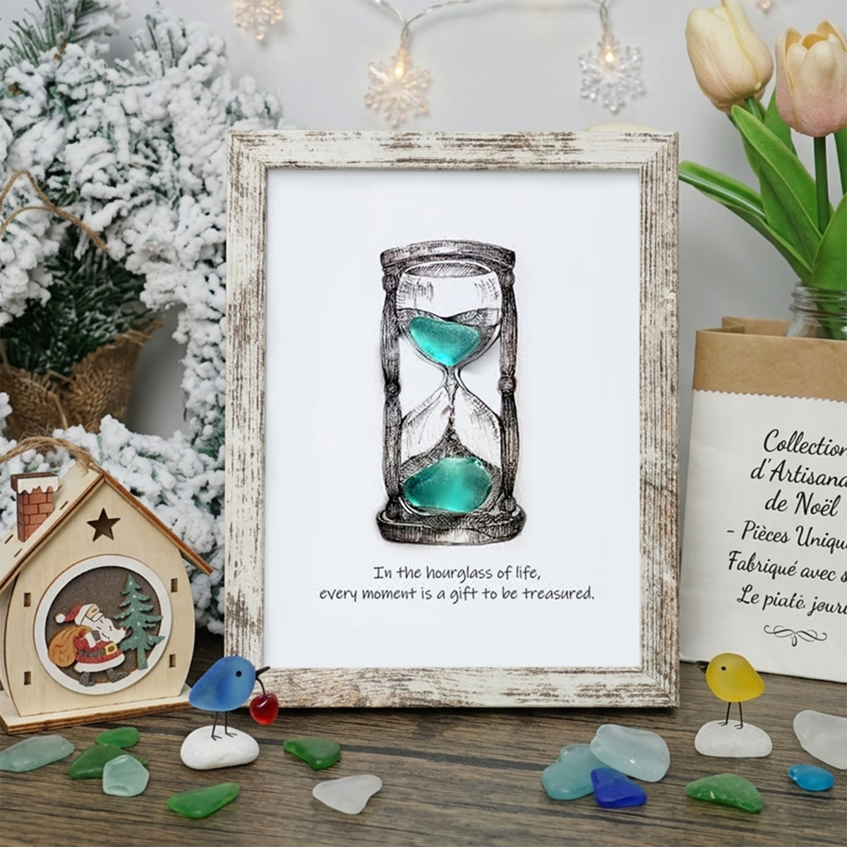 Life's Filled Hourglass Quote Sea Glass Framed Art - Retro White - 8" X 6" - image 12