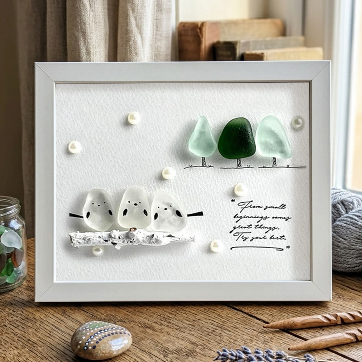 "Try Your Best" Birds And Trees Sea Glass Framed Art - White - 6" X 8" - image 14