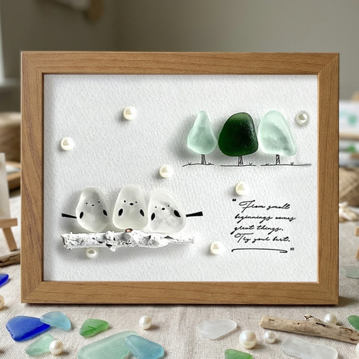 "Try Your Best" Birds And Trees Sea Glass Framed Art - Walnut Brown - 6" X 8" - image 12