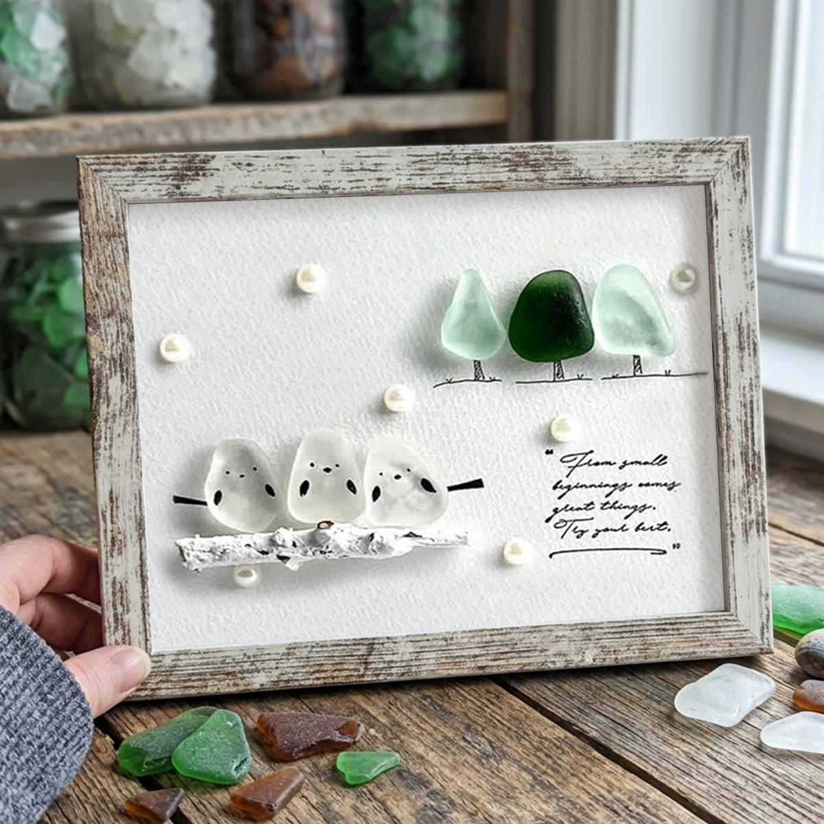 "Try Your Best" Birds And Trees Sea Glass Framed Art - Retro White - 6" X 8" - image 15