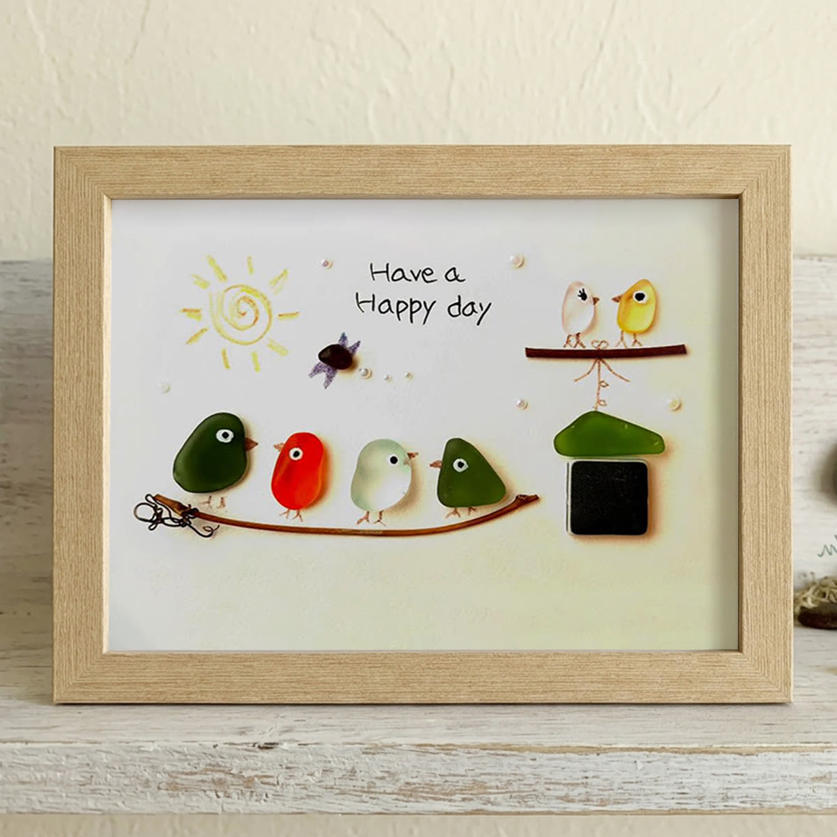 Happy Day Gathering Birds Sea Glass Framed Art - Oak - 6" X 8" - image 11