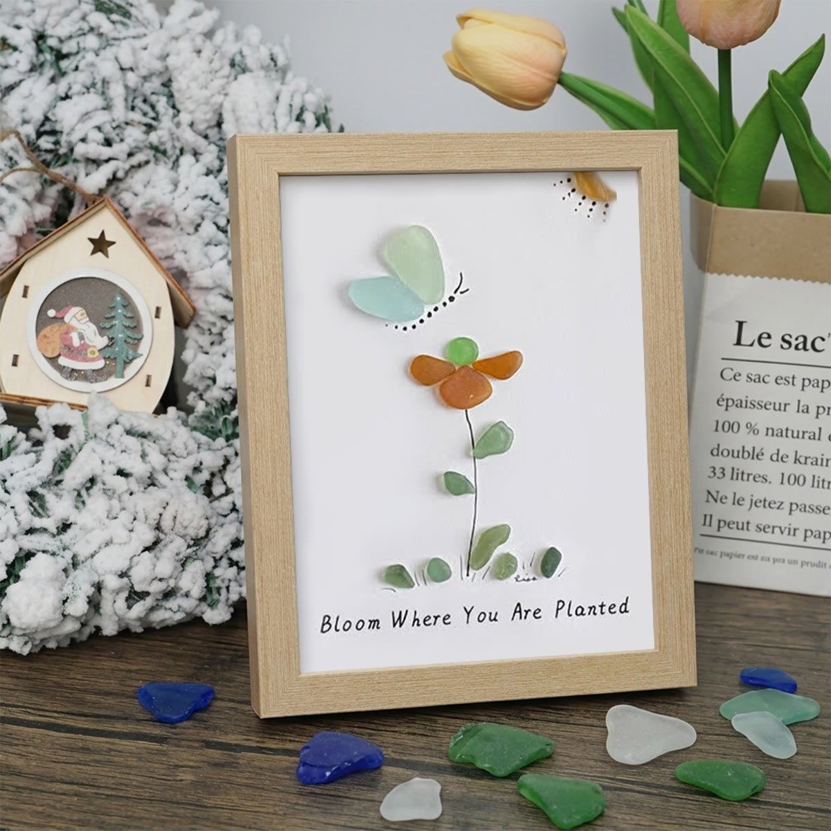 Bloom & Butterfly Inspirational Quote Sea Glass Framed Art - Oak - 8" X 6" - image 10