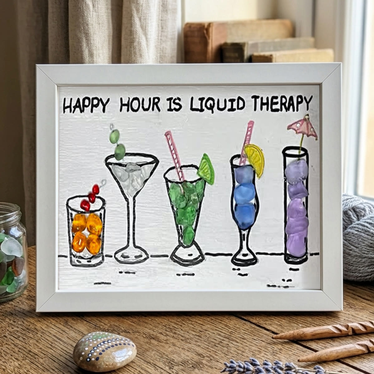 Happy Hour Cocktail Lover Sea Glass Framed Art - White - 6" X 8" - image 12