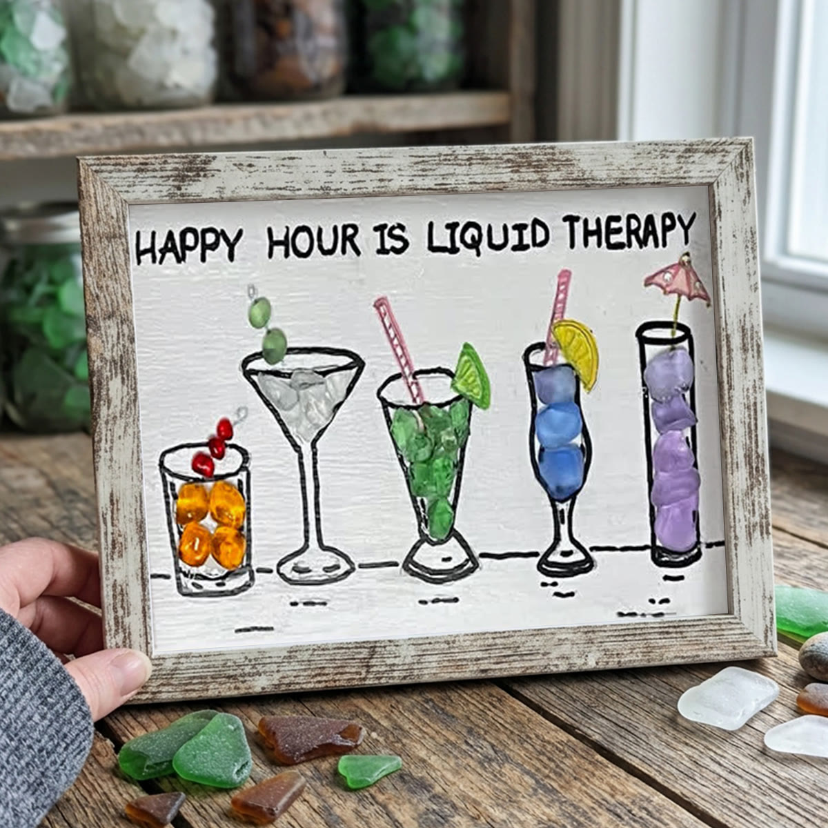 Happy Hour Cocktail Lover Sea Glass Framed Art - Retro White - 6" X 8" - image 13