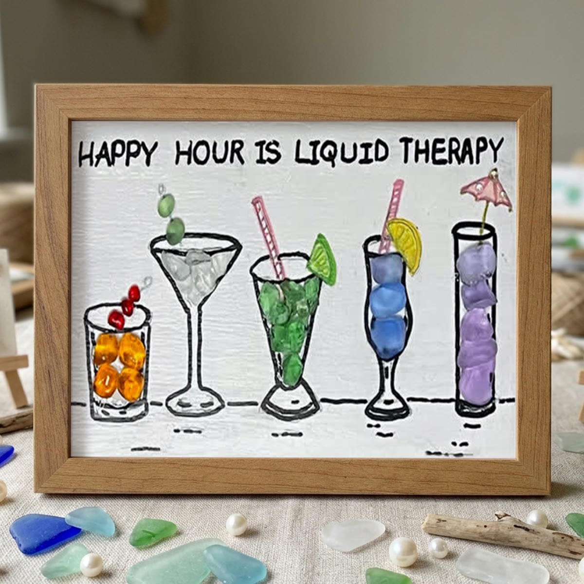 Happy Hour Cocktail Lover Sea Glass Framed Art - Walnut Brown - 6" X 8" - image 10