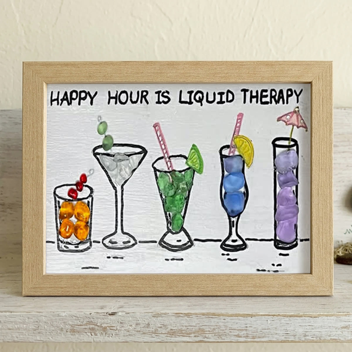 Happy Hour Cocktail Lover Sea Glass Framed Art - Oak - 6" X 8" - image 9