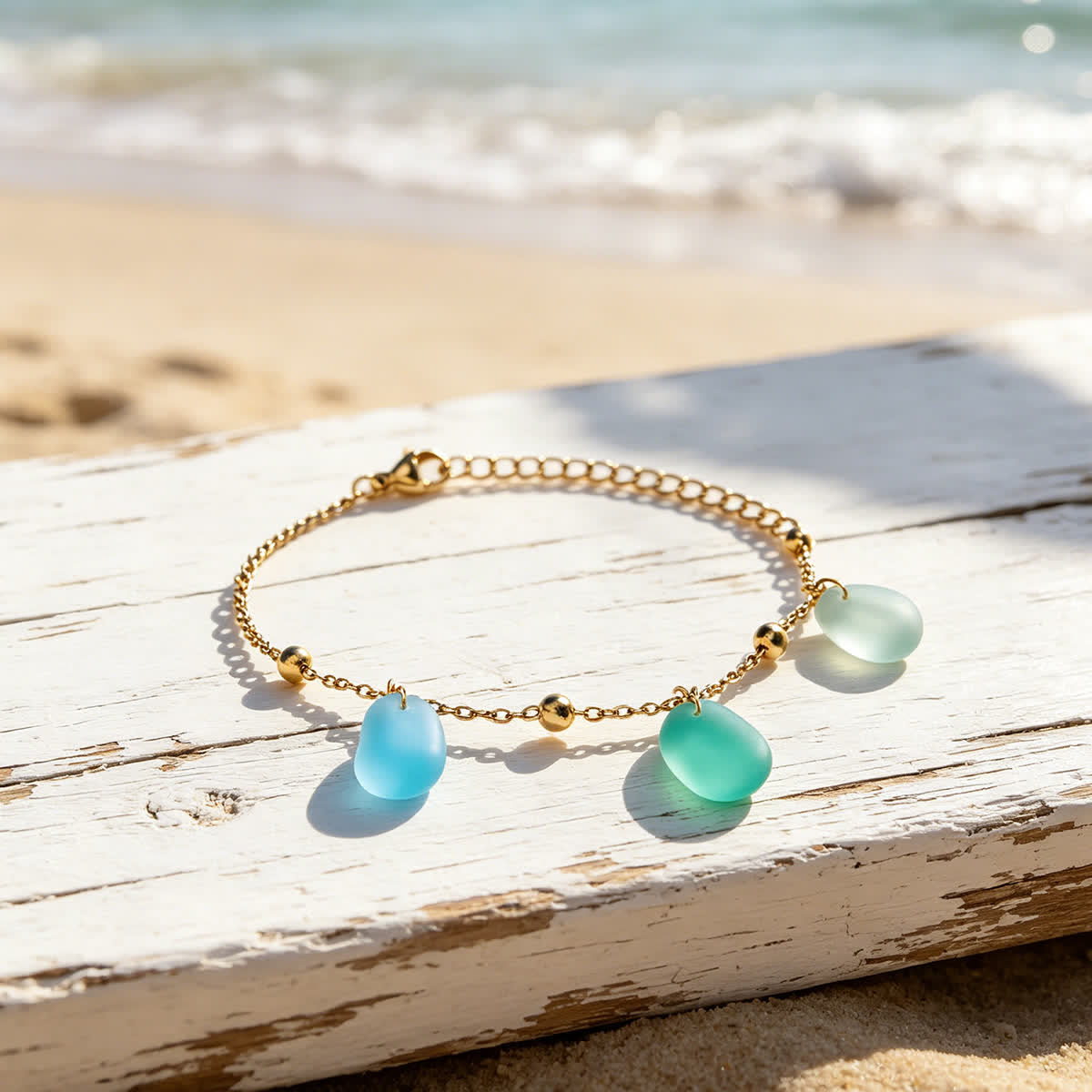 Aqua Blue & Turquoise Drop Charms Sea Glass Bracelet - Gold - image 0