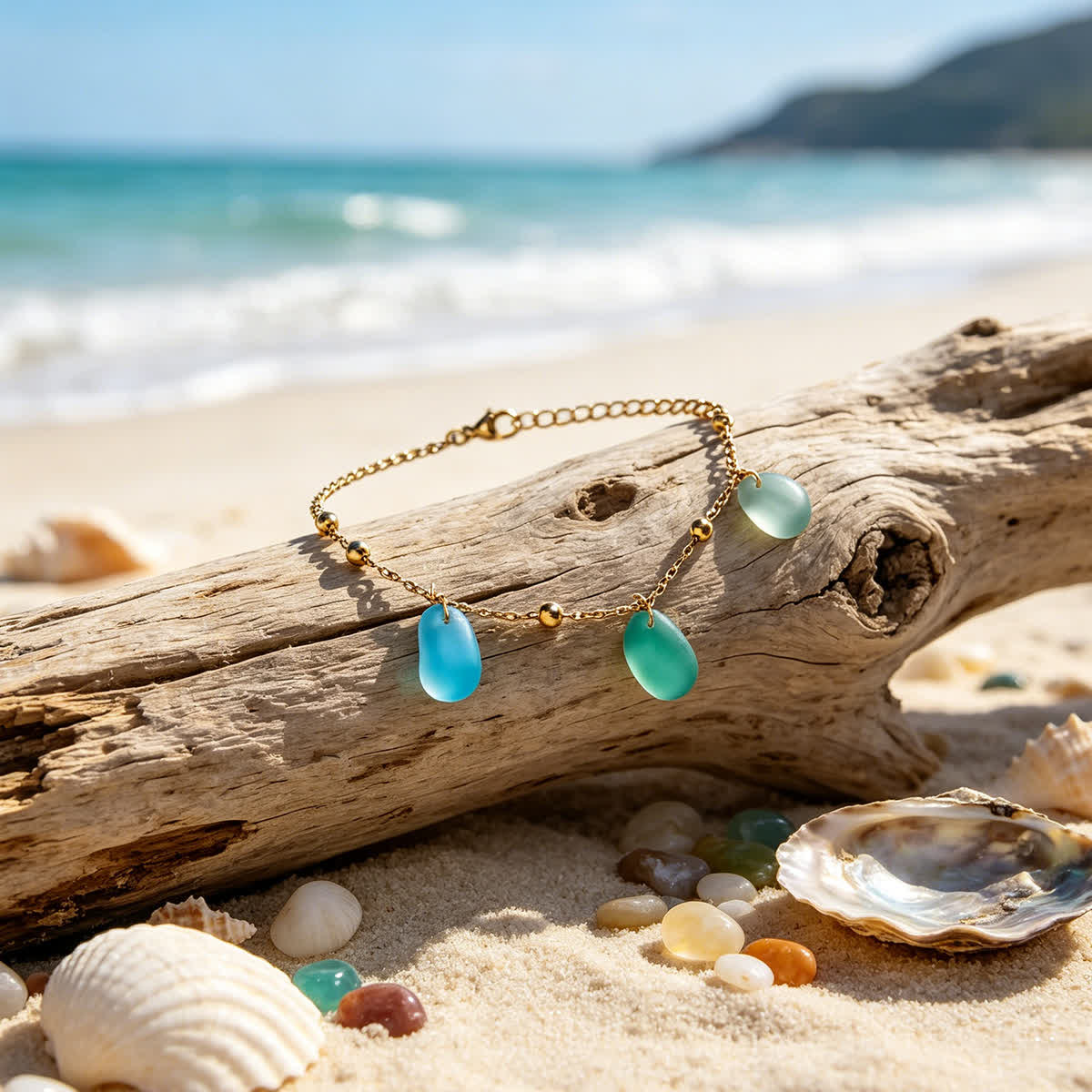 Aqua Blue & Turquoise Drop Charms Sea Glass Bracelet - image 4