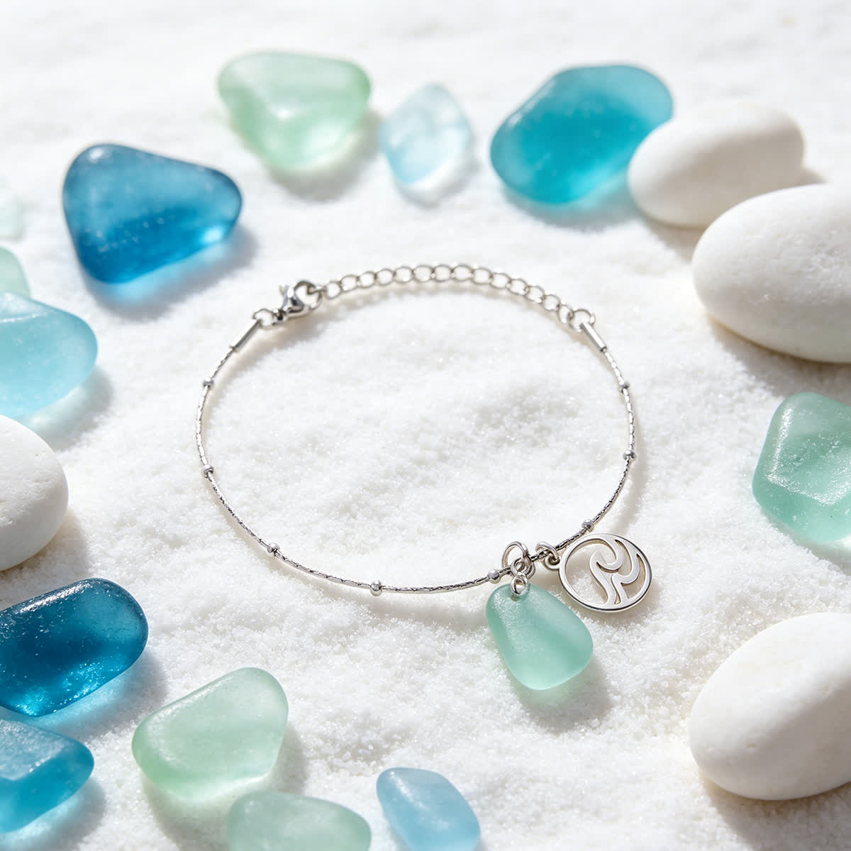 Aqua Sea Glass & Wave Charm Silver Bracelet - Silver - image 0