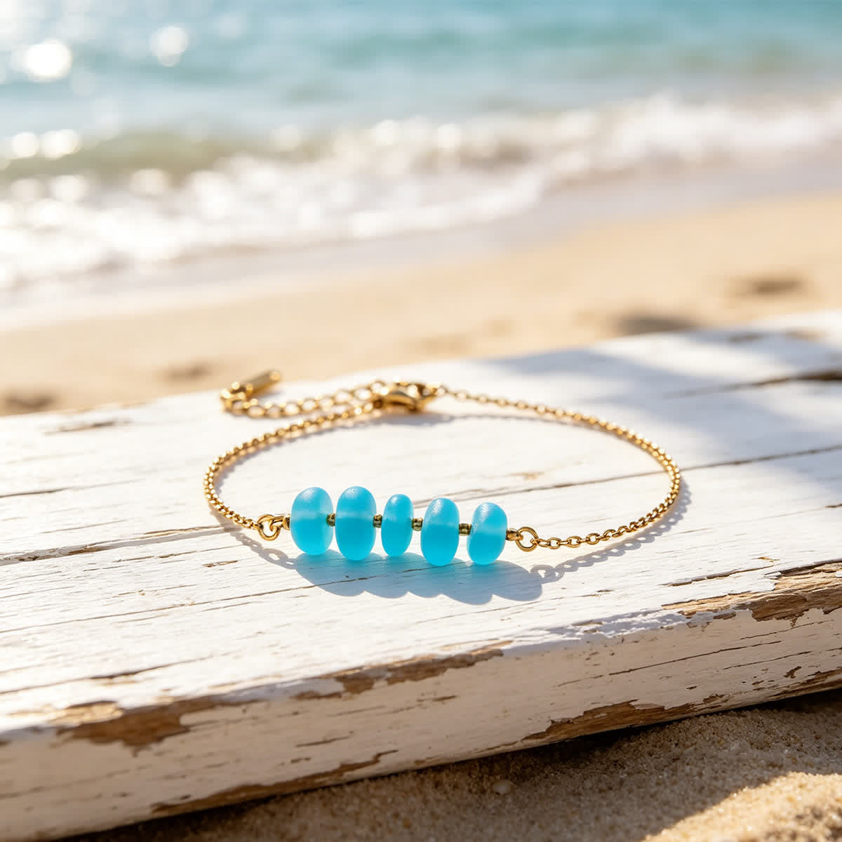 Ocean Breeze Turquoise Sea Glass Stack Gold Bracelet - Gold - image 0