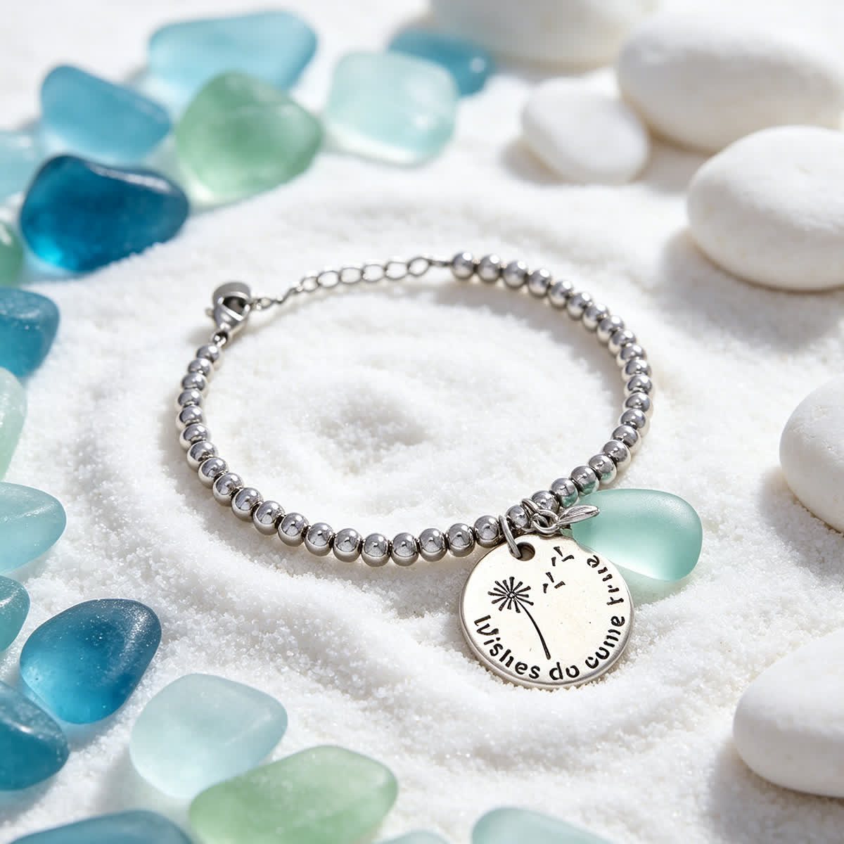 Make A Wish Dandelion & Aqua Sea Glass Bracelet - Silver - image 0