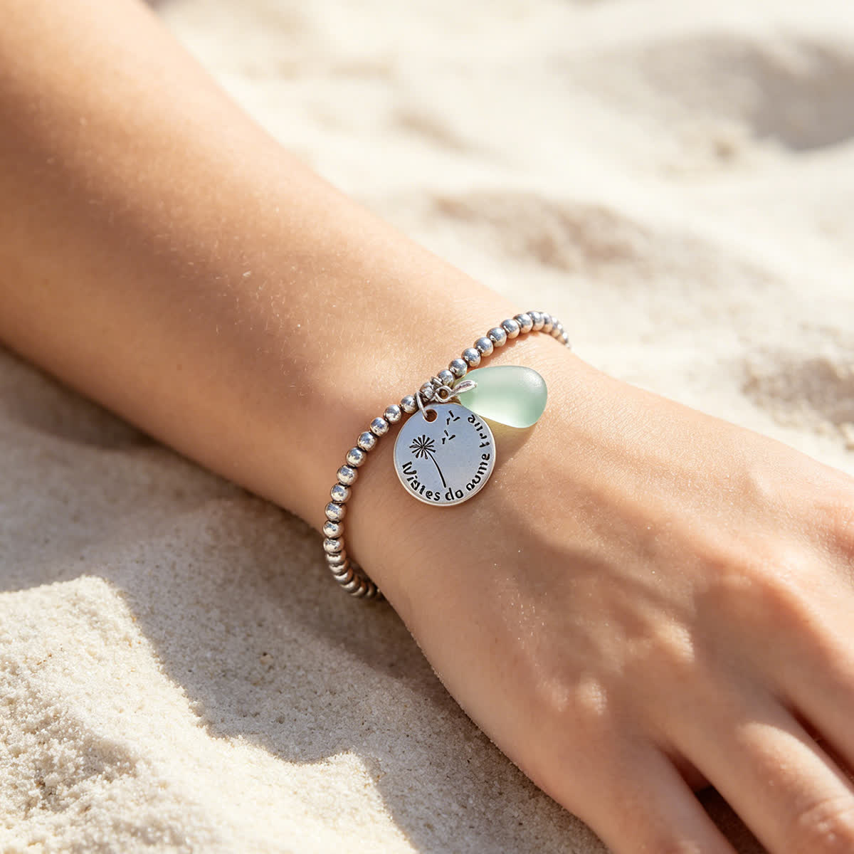 Make A Wish Dandelion & Aqua Sea Glass Bracelet - image 1