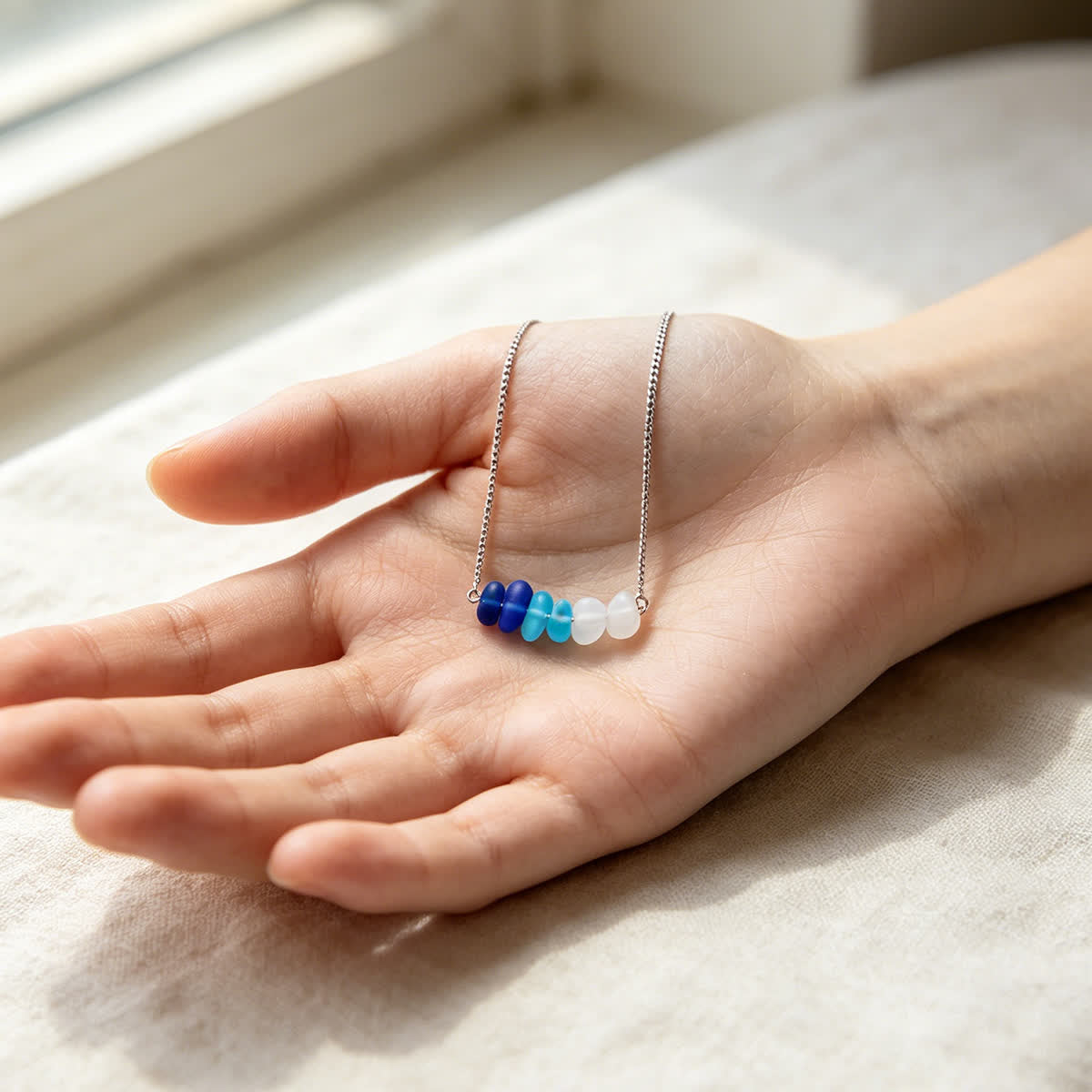 Ombre Blue Horizontal Bar Sea Glass Necklace - image 5