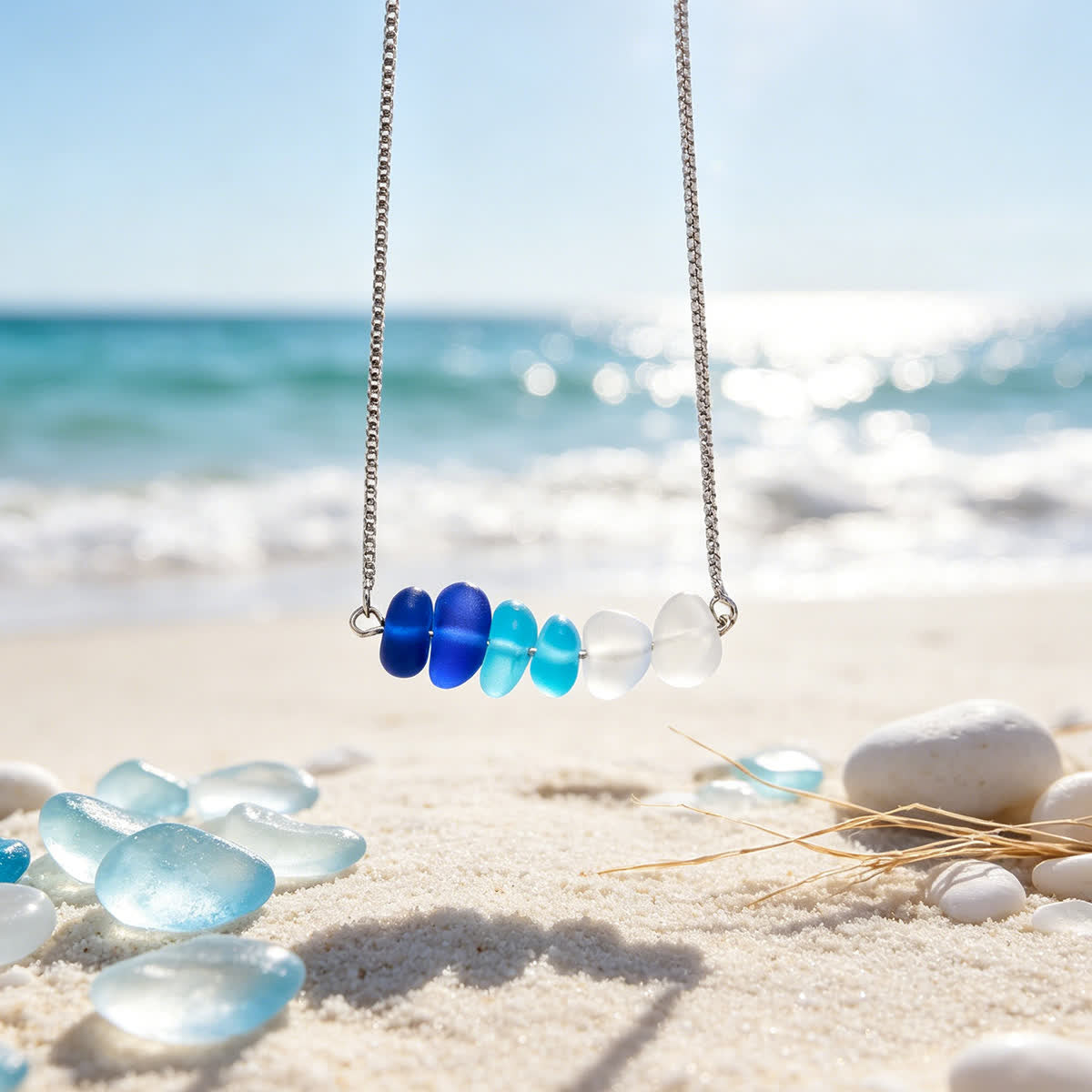 Ombre Blue Horizontal Bar Sea Glass Necklace - image 3