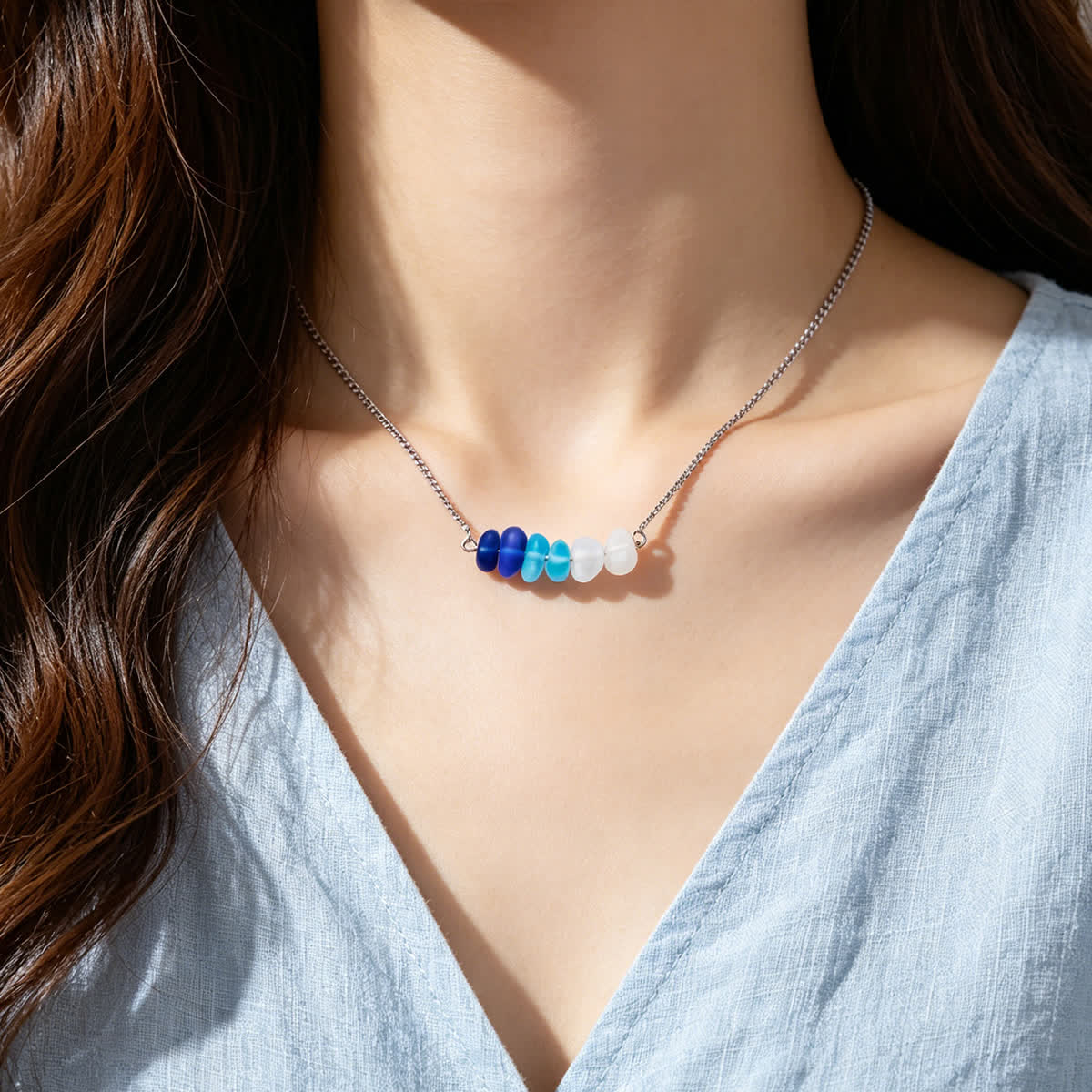 Ombre Blue Horizontal Bar Sea Glass Necklace - image 6