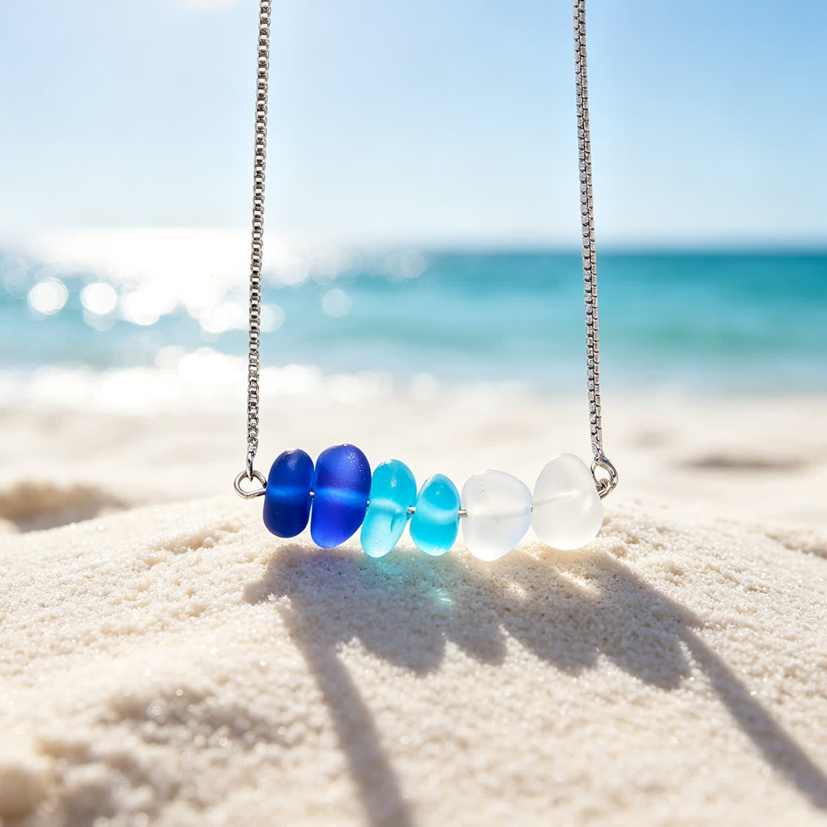 Ombre Blue Horizontal Bar Sea Glass Necklace - Silver - image 0