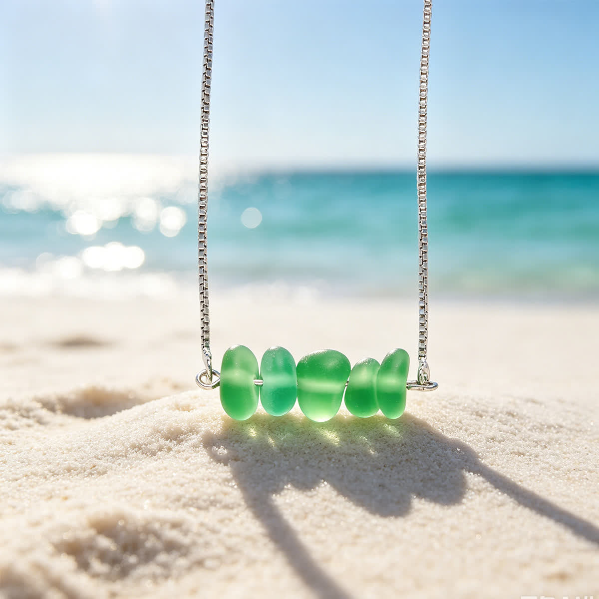 Forest Green Horizontal Bar Sea Glass Necklace - Silver - image 0
