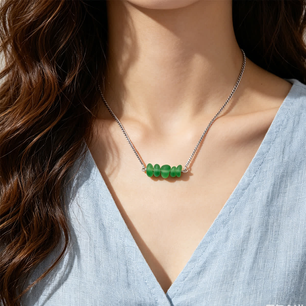 Forest Green Horizontal Bar Sea Glass Necklace - image 1