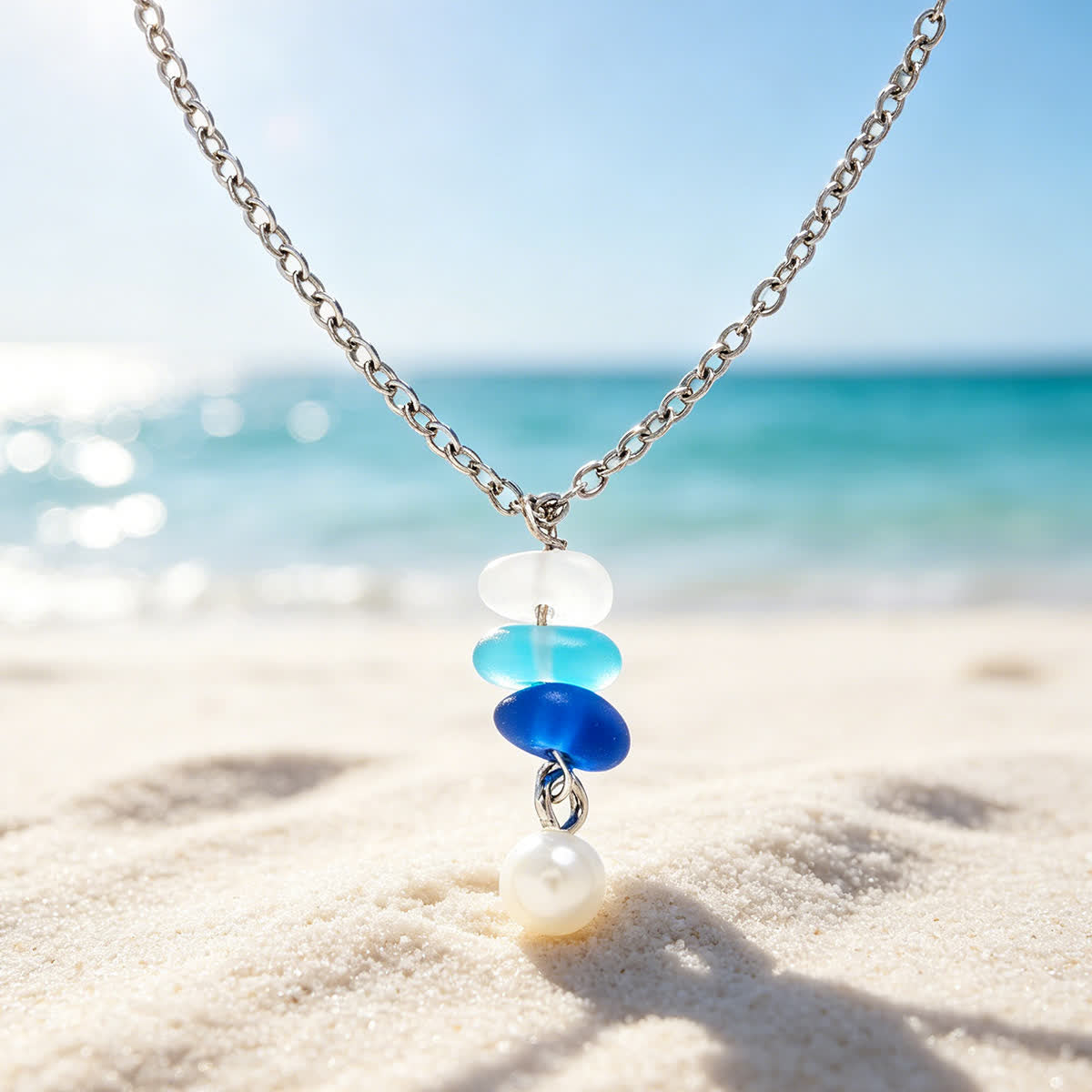 Ombre Blue Sea Glass & Pearl Drop Necklace - image 5