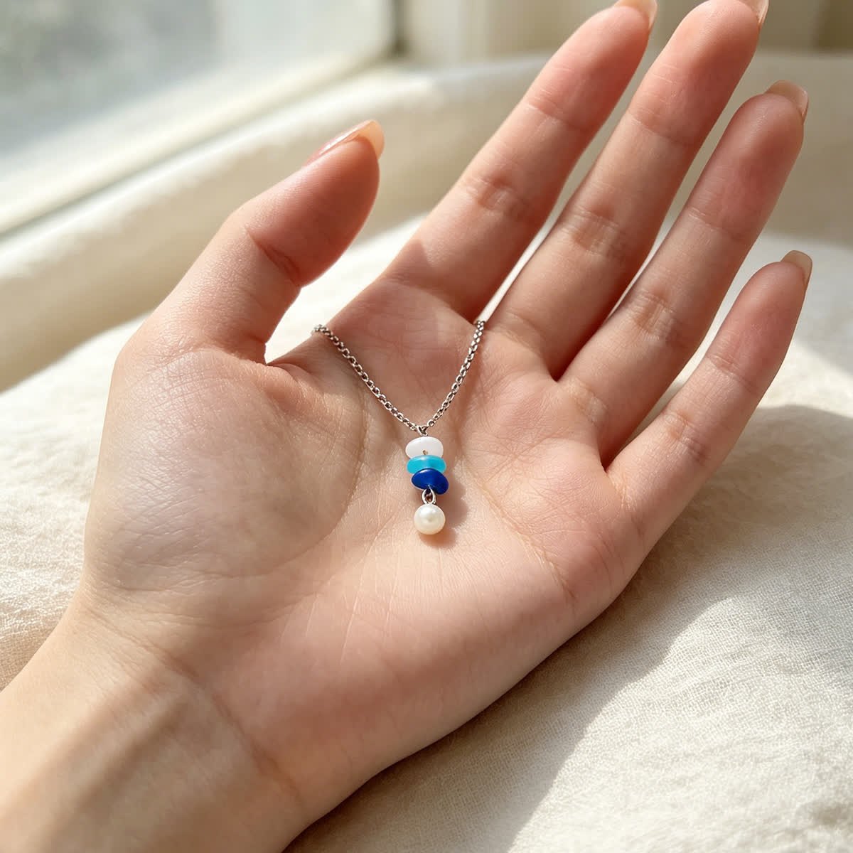 Ombre Blue Sea Glass & Pearl Drop Necklace - image 3