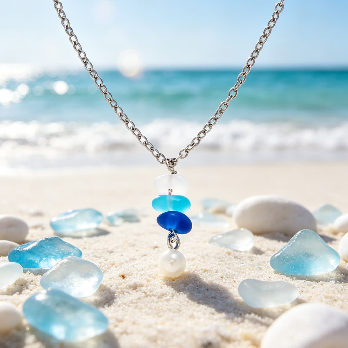 Ombre Blue Sea Glass & Pearl Drop Necklace - Silver - image 0