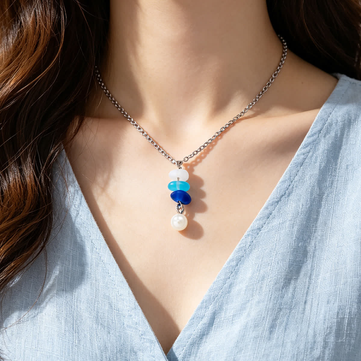 Ombre Blue Sea Glass & Pearl Drop Necklace - image 4