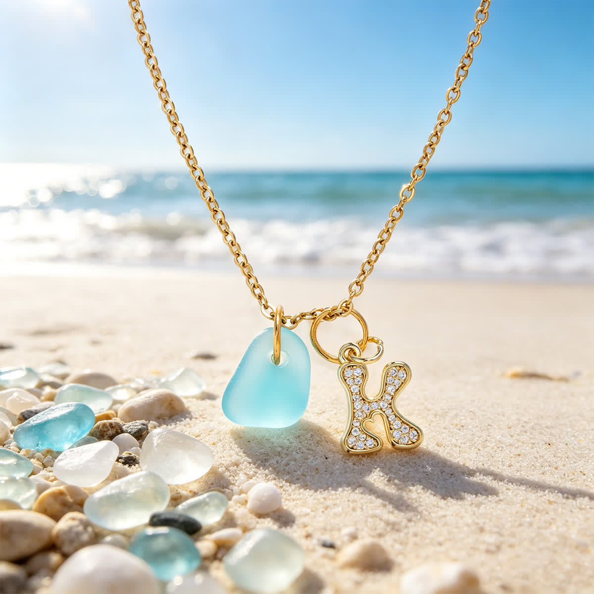 Diamond Initial Aqua Sea Glass Gold Chain Necklace - Z - image 0