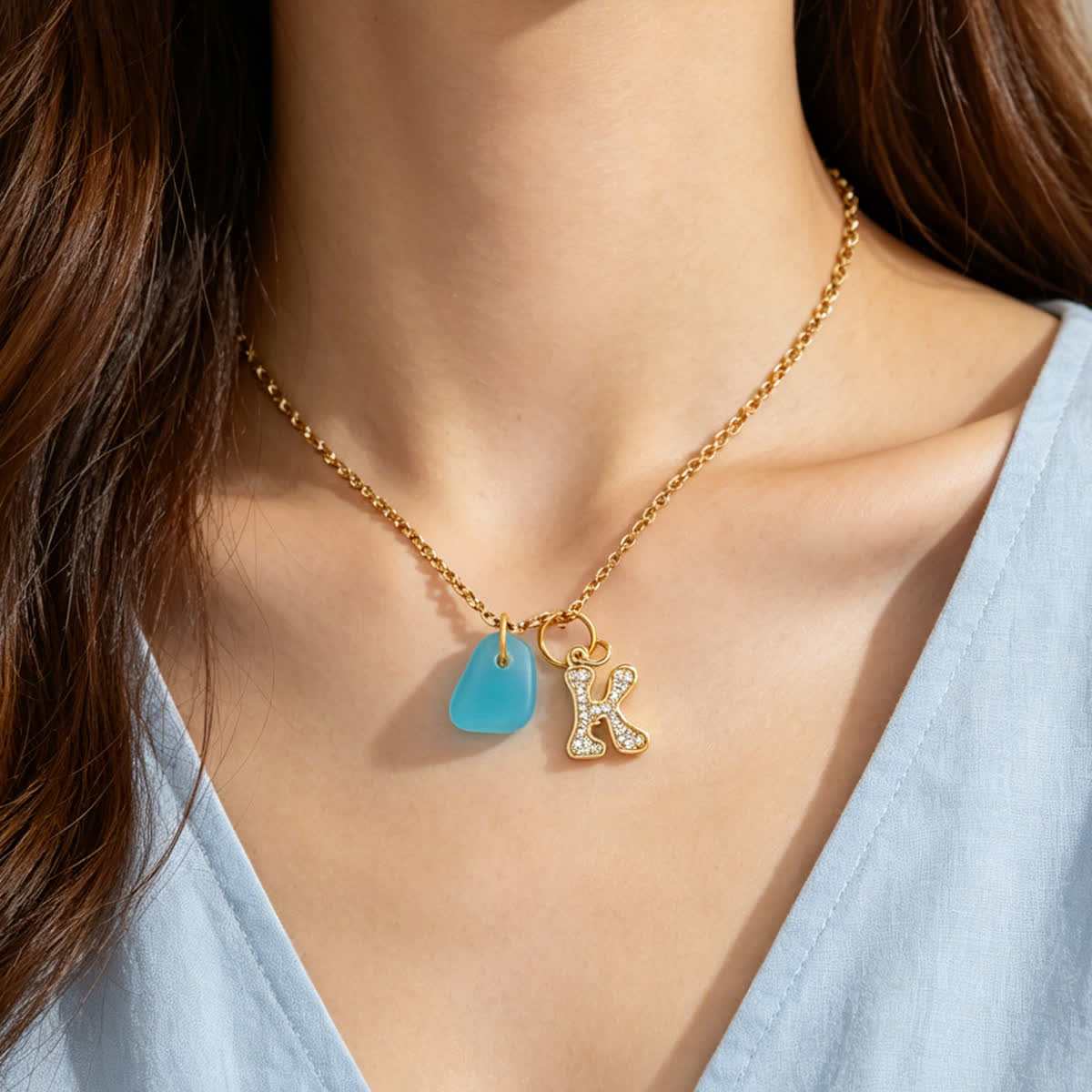 Diamond Initial Aqua Sea Glass Gold Chain Necklace - image 1