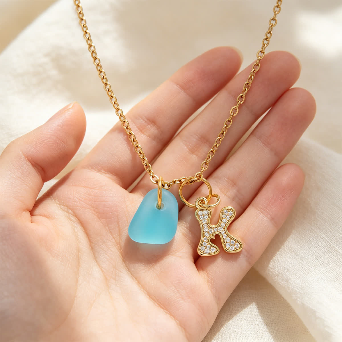 Diamond Initial Aqua Sea Glass Gold Chain Necklace - image 5