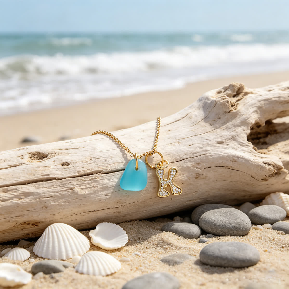 Diamond Initial Aqua Sea Glass Gold Chain Necklace - image 3