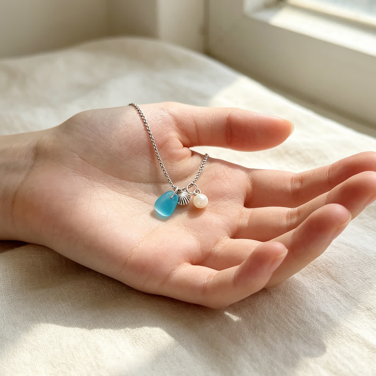 Aqua Sea Glass Shell Pearl Silver Charm Necklace - image 3
