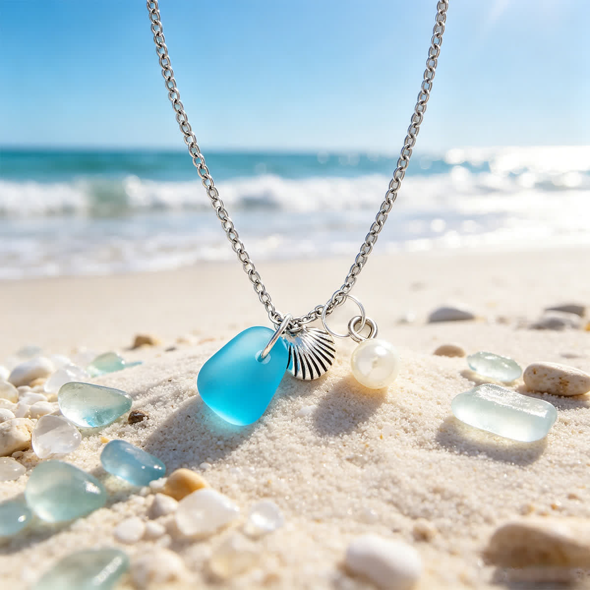 Aqua Sea Glass Shell Pearl Silver Charm Necklace - Silver - image 0