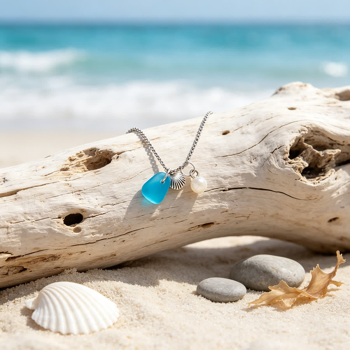 Aqua Sea Glass Shell Pearl Silver Charm Necklace - image 5
