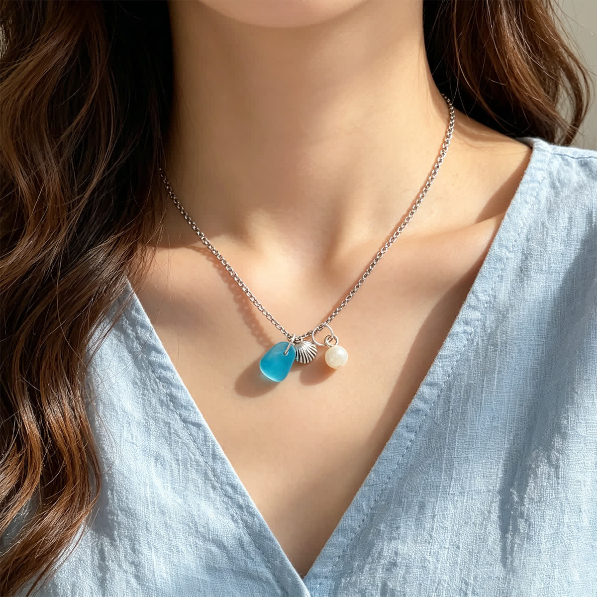 Aqua Sea Glass Shell Pearl Silver Charm Necklace - image 1