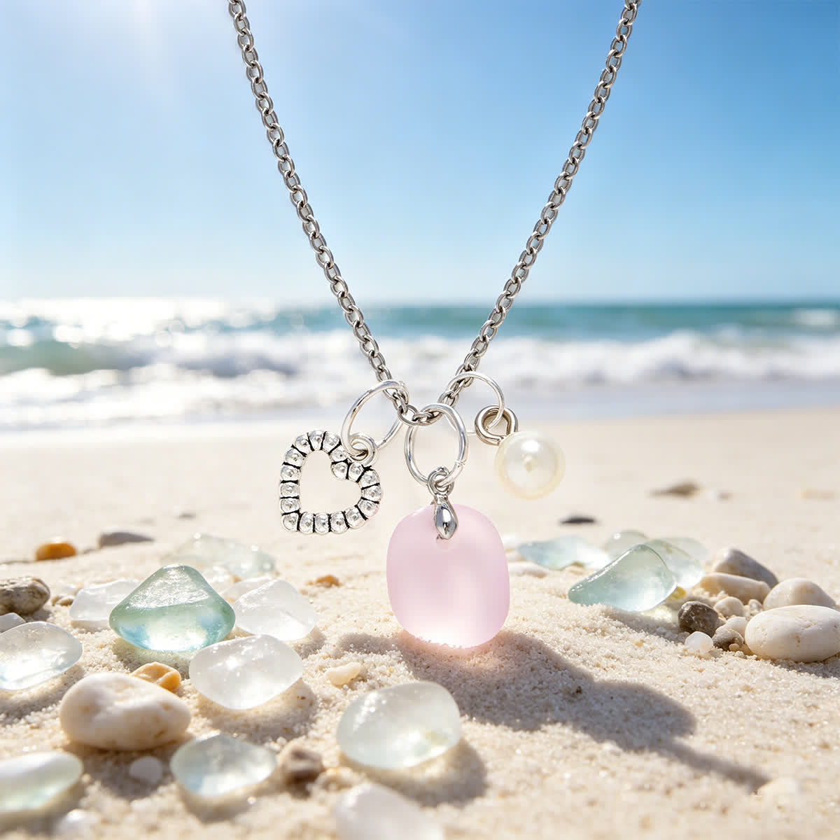 Crystal Heart & Pearl Blush Pink Sea Glass Necklace - Silver - image 0